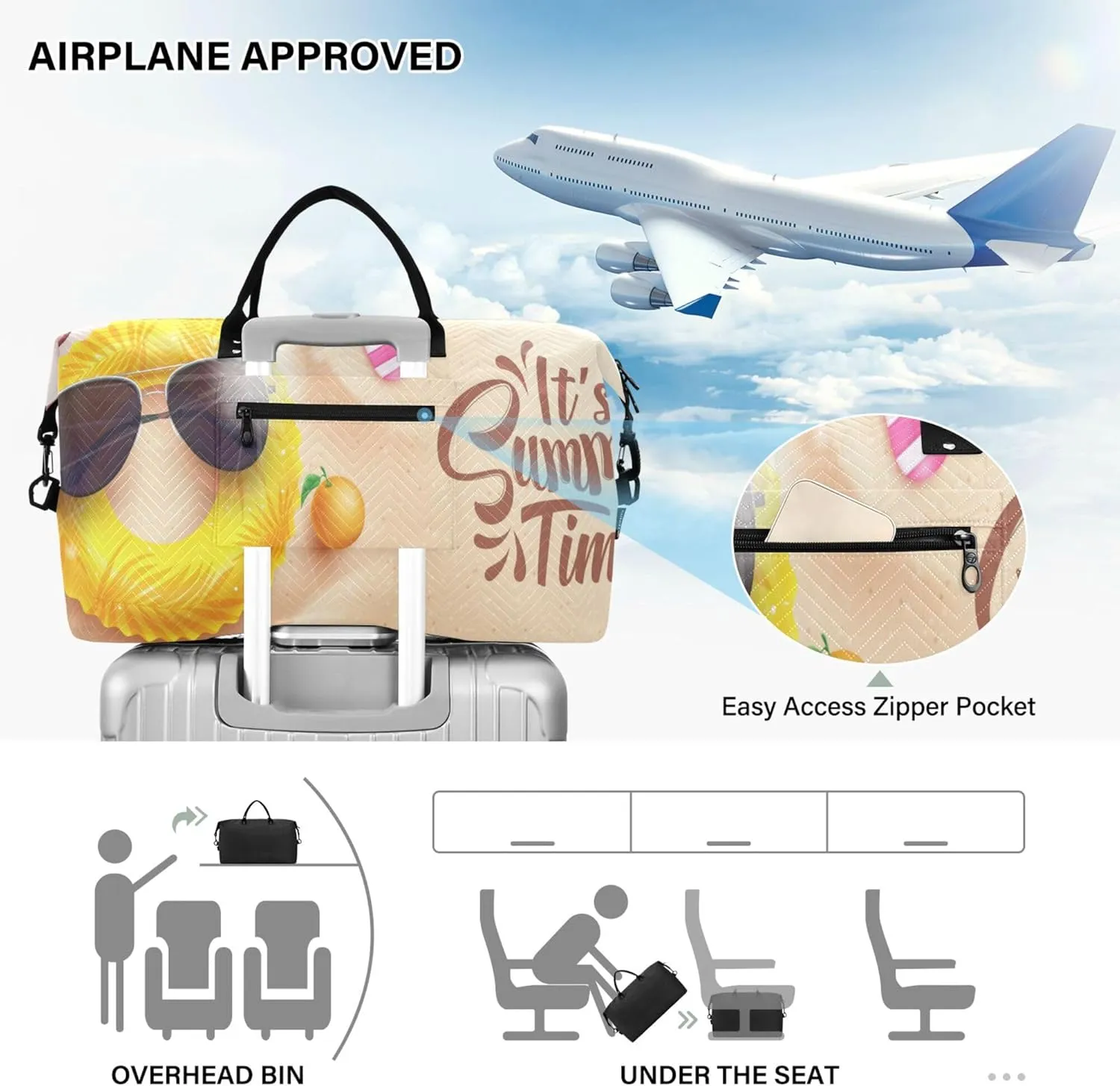 Exnundod Women Weekender Bags Sandy Swim Rings Sunglasse Travel Duffel Bags Carry On Overnight Bag It's Summer Time Large Hospital Tote Luggage
