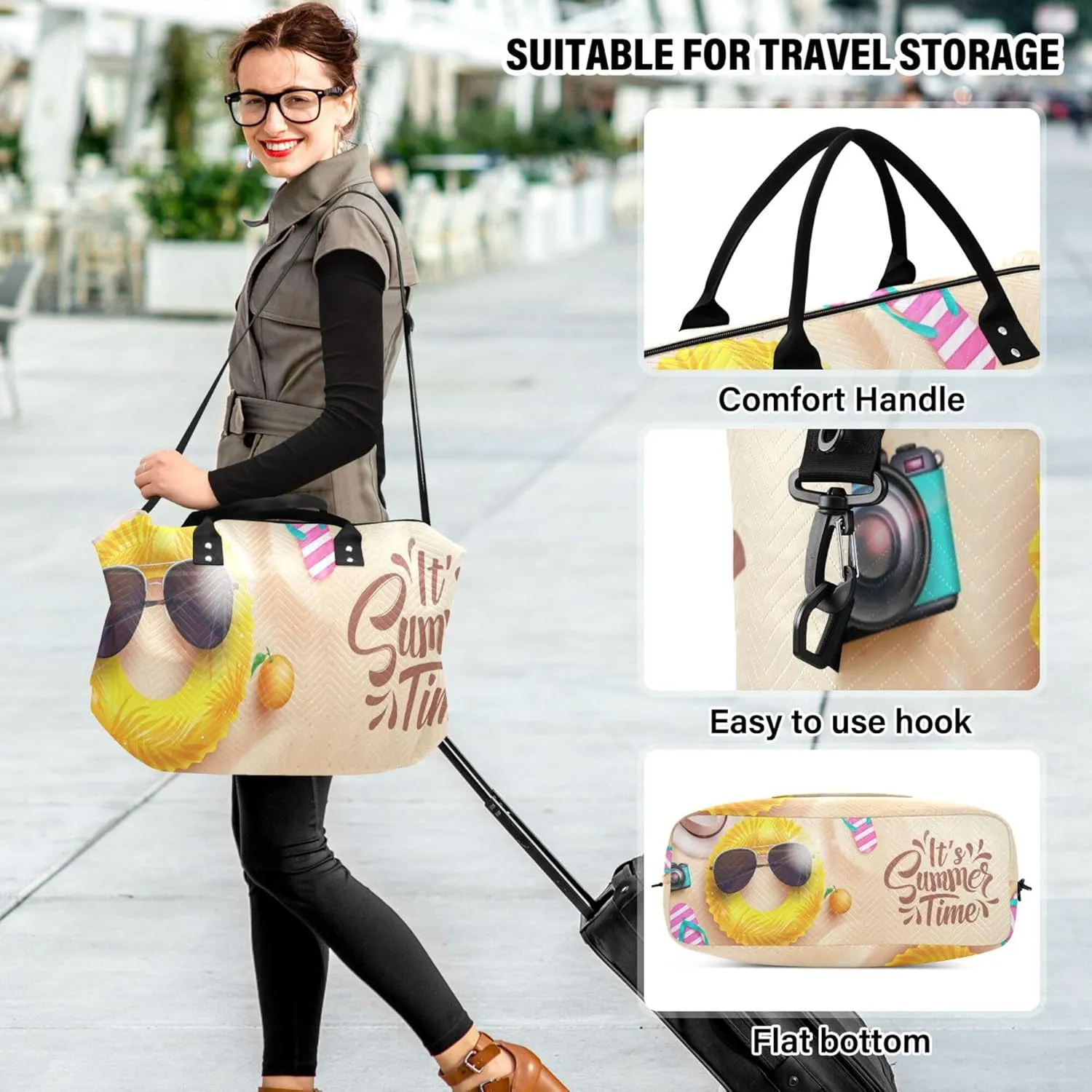 Exnundod Women Weekender Bags Sandy Swim Rings Sunglasse Travel Duffel Bags Carry On Overnight Bag It's Summer Time Large Hospital Tote Luggage