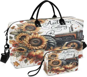 Exnundod Women Weekender Bags Sunflowers with Farm Tractor Travel Duffel Bags Carry On Overnight Bag Autumn Large Hospital Tote Luggage