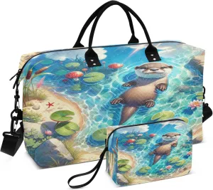 Exnundod Women Weekender Bags Watercolor Cute Otter Travel Duffel Bags Carry On Overnight Bag Pond Large Hospital Tote Luggage