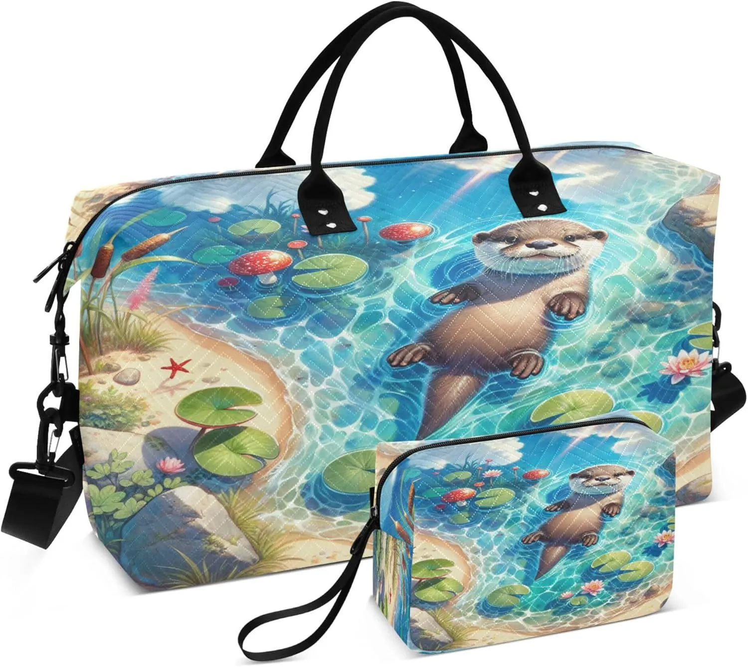 Exnundod Women Weekender Bags Watercolor Cute Otter Travel Duffel Bags Carry On Overnight Bag Pond Large Hospital Tote Luggage