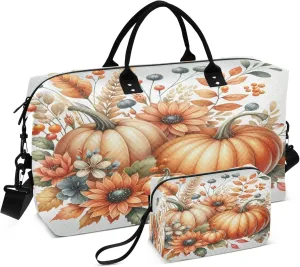 Exnundod Women Weekender Bags Watercolor Pumpkins and Flowers Travel Duffel Bags Carry On Overnight Bag Autumn Large Hospital Tote Luggage