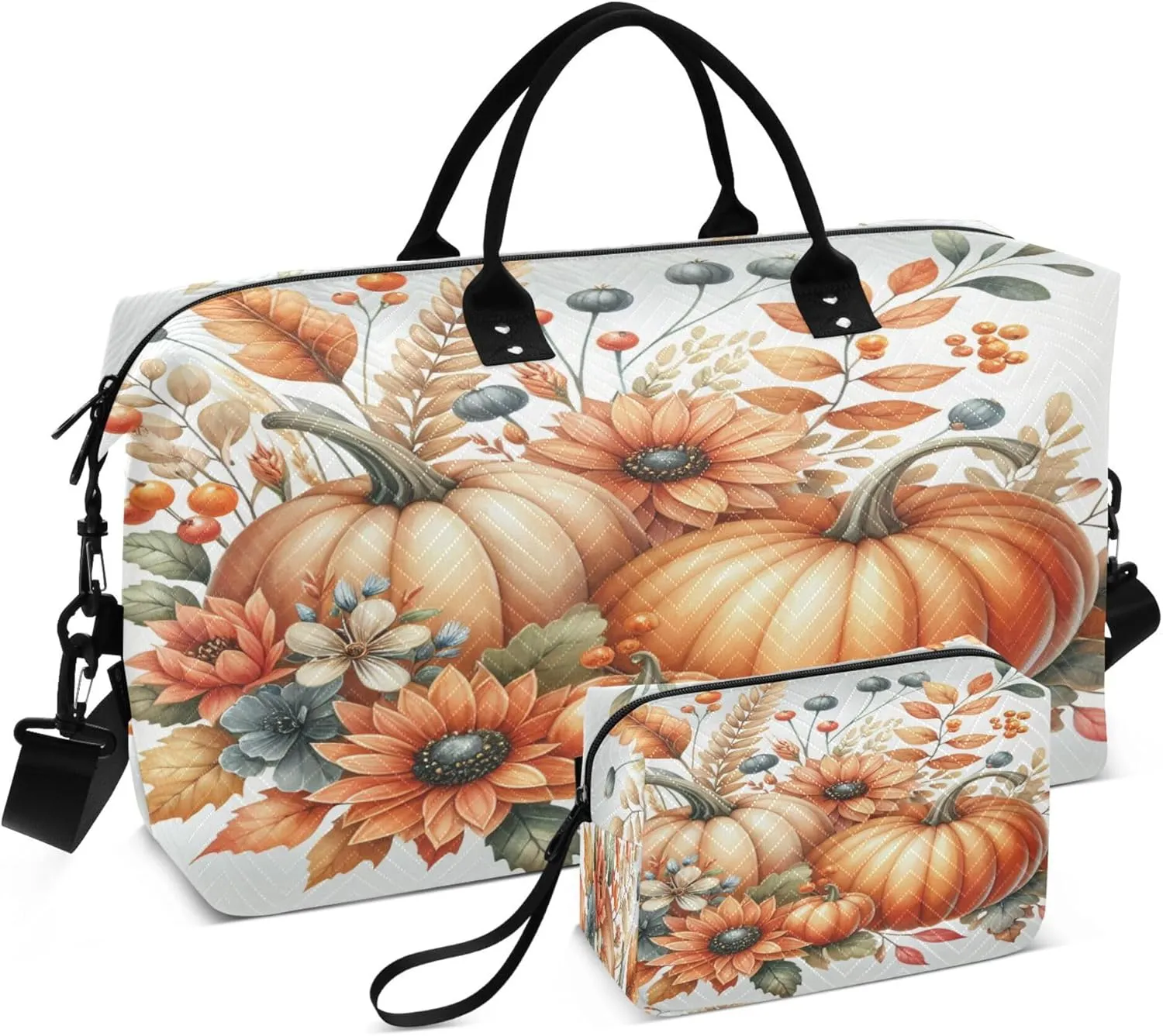 Exnundod Women Weekender Bags Watercolor Pumpkins and Flowers Travel Duffel Bags Carry On Overnight Bag Autumn Large Hospital Tote Luggage