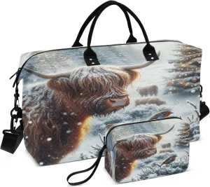 Exnundod Women Weekender Bags Winter Highland Cow Bird Travel Duffel Bags Carry On Overnight Bag Christmas Tree Large Hospital Tote Luggage