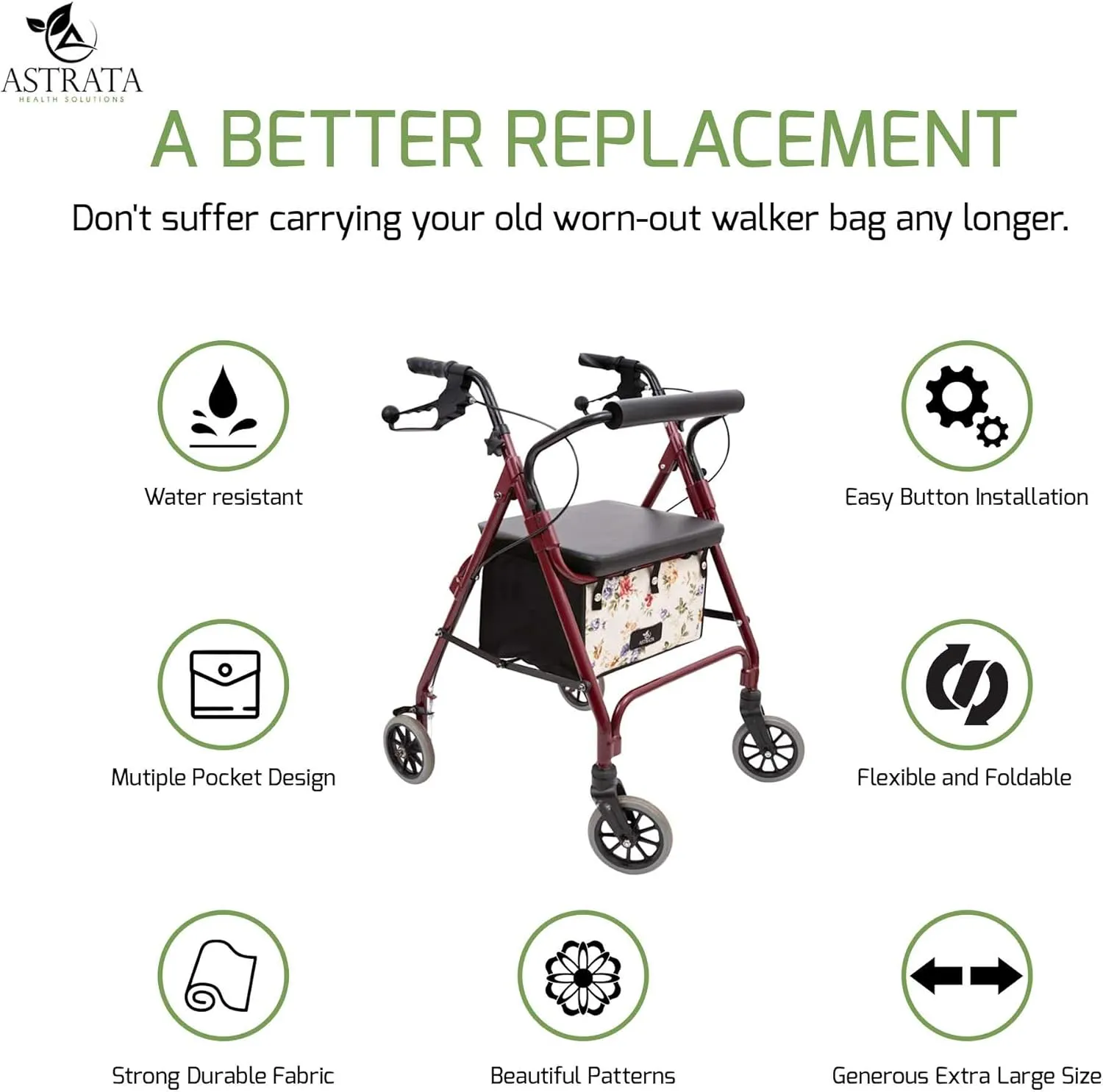 Extra Large Underseat Bag - Rollator Accessories - Under Seat Storage Pouch for Walkers with Seat - Replace Walker Basket for Seniors (Floral)