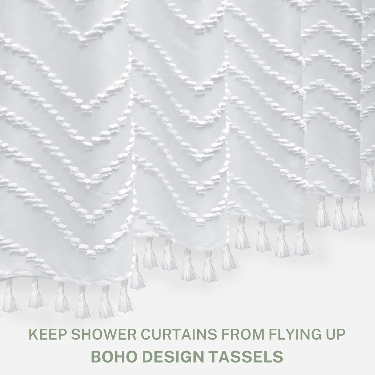 Extra Long White Boho Minimalist Shower Curtain with Tassel for Bathroom, Woven Fabric 84 in, Tufted Chevron Striped, 72 x 84, Modern Chic Textured