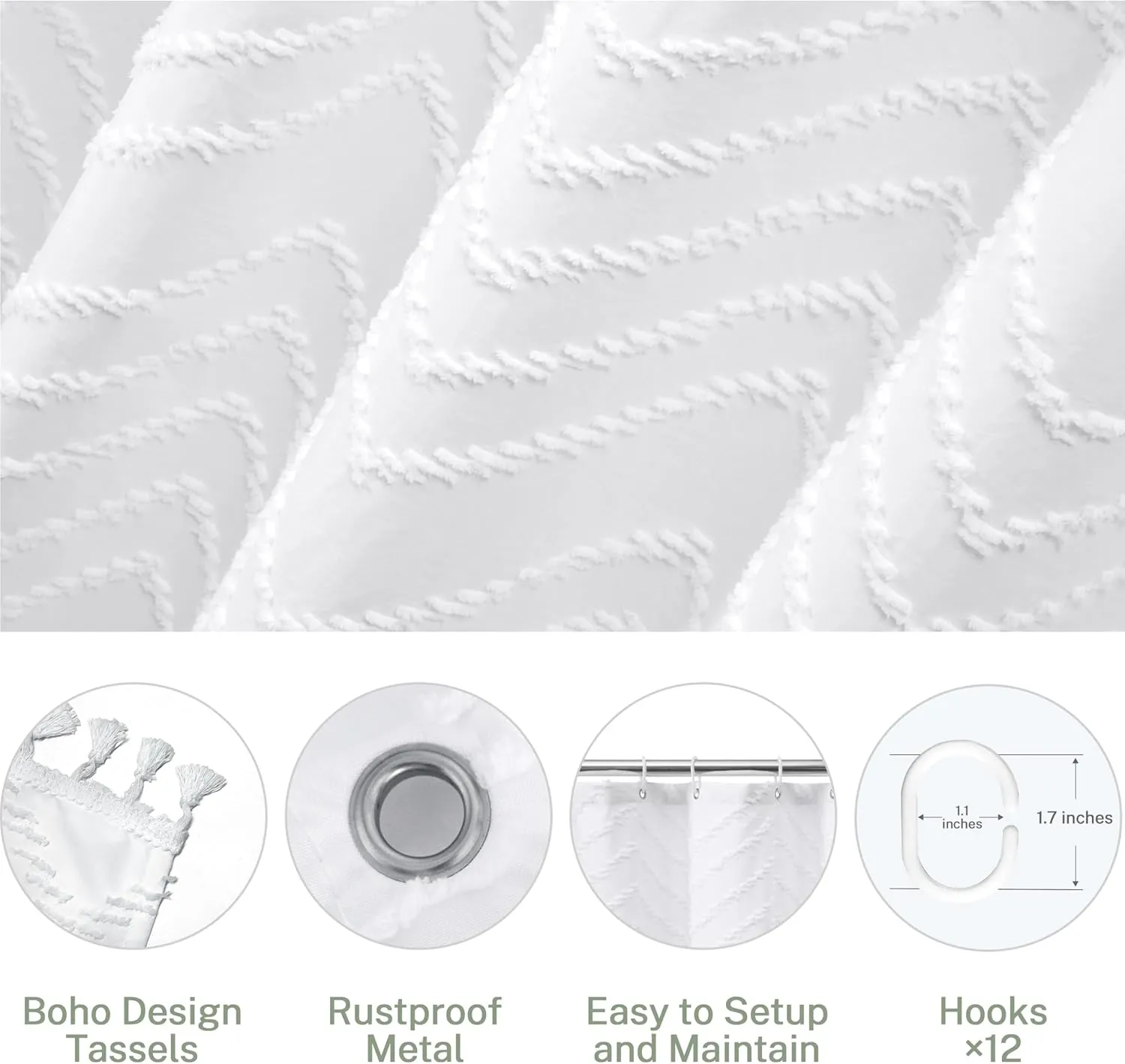 Extra Long White Boho Minimalist Shower Curtain with Tassel for Bathroom, Woven Fabric 84 in, Tufted Chevron Striped, 72 x 84, Modern Chic Textured