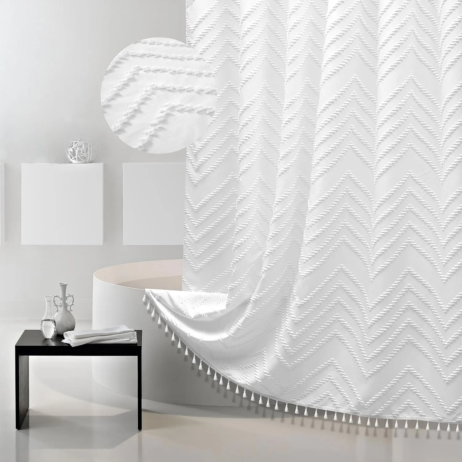 Extra Long White Boho Minimalist Shower Curtain with Tassel for Bathroom, Woven Fabric 84 in, Tufted Chevron Striped, 72 x 84, Modern Chic Textured