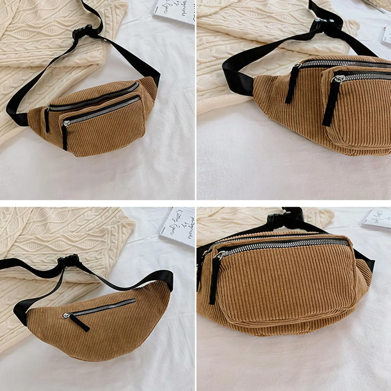 eYLun Women Fanny Pack Crossbody Bag Casual Corduroy Waist Bag Adjustable Chest Bag Waist Pack for Travel Walking Running Hiking Cycling Brown