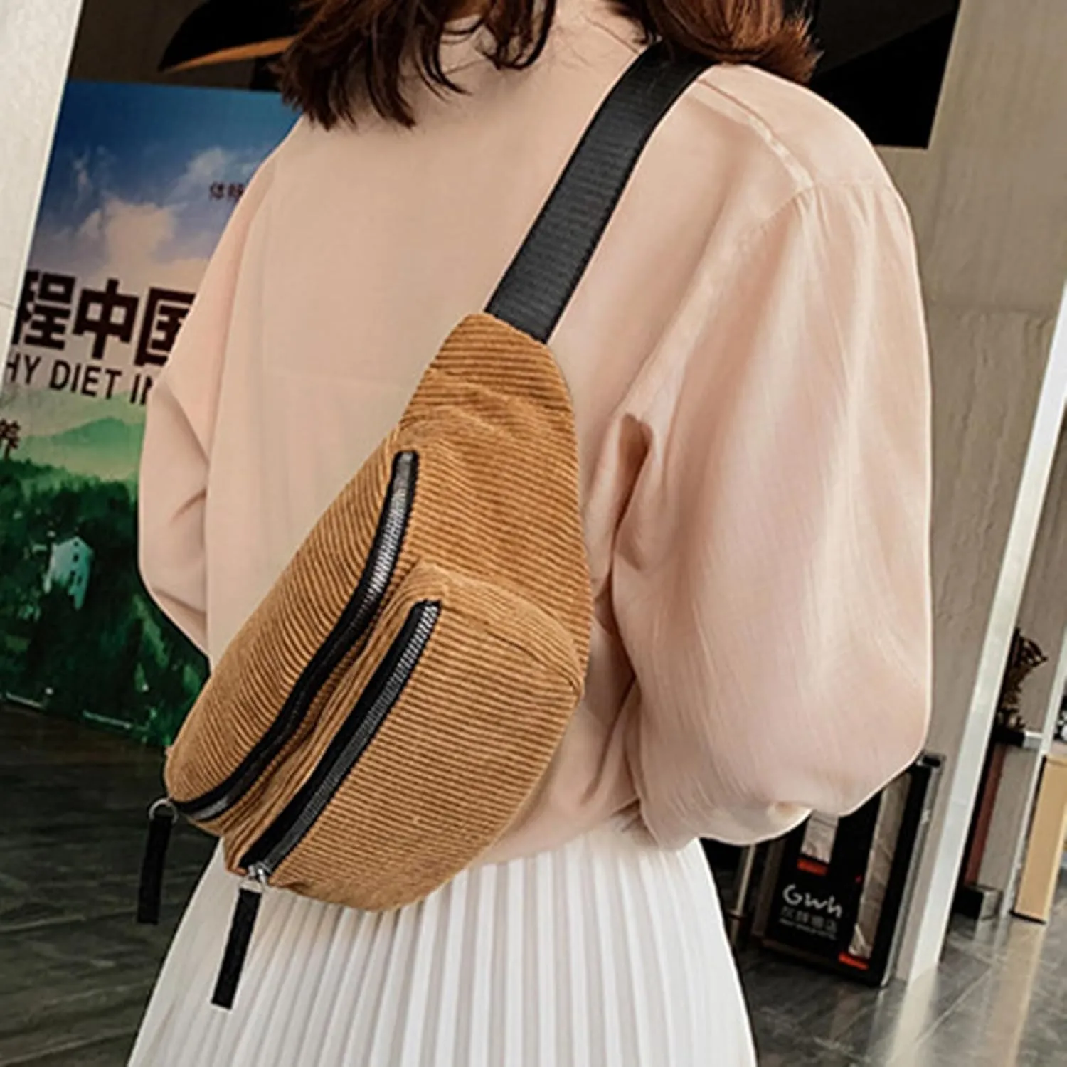 eYLun Women Fanny Pack Crossbody Bag Casual Corduroy Waist Bag Adjustable Chest Bag Waist Pack for Travel Walking Running Hiking Cycling Brown