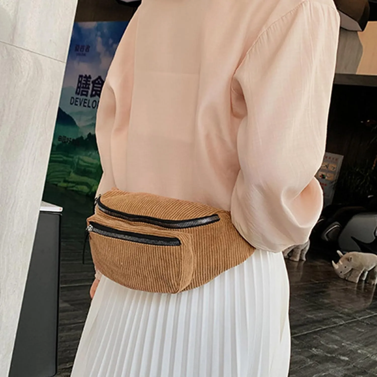 eYLun Women Fanny Pack Crossbody Bag Casual Corduroy Waist Bag Adjustable Chest Bag Waist Pack for Travel Walking Running Hiking Cycling Brown