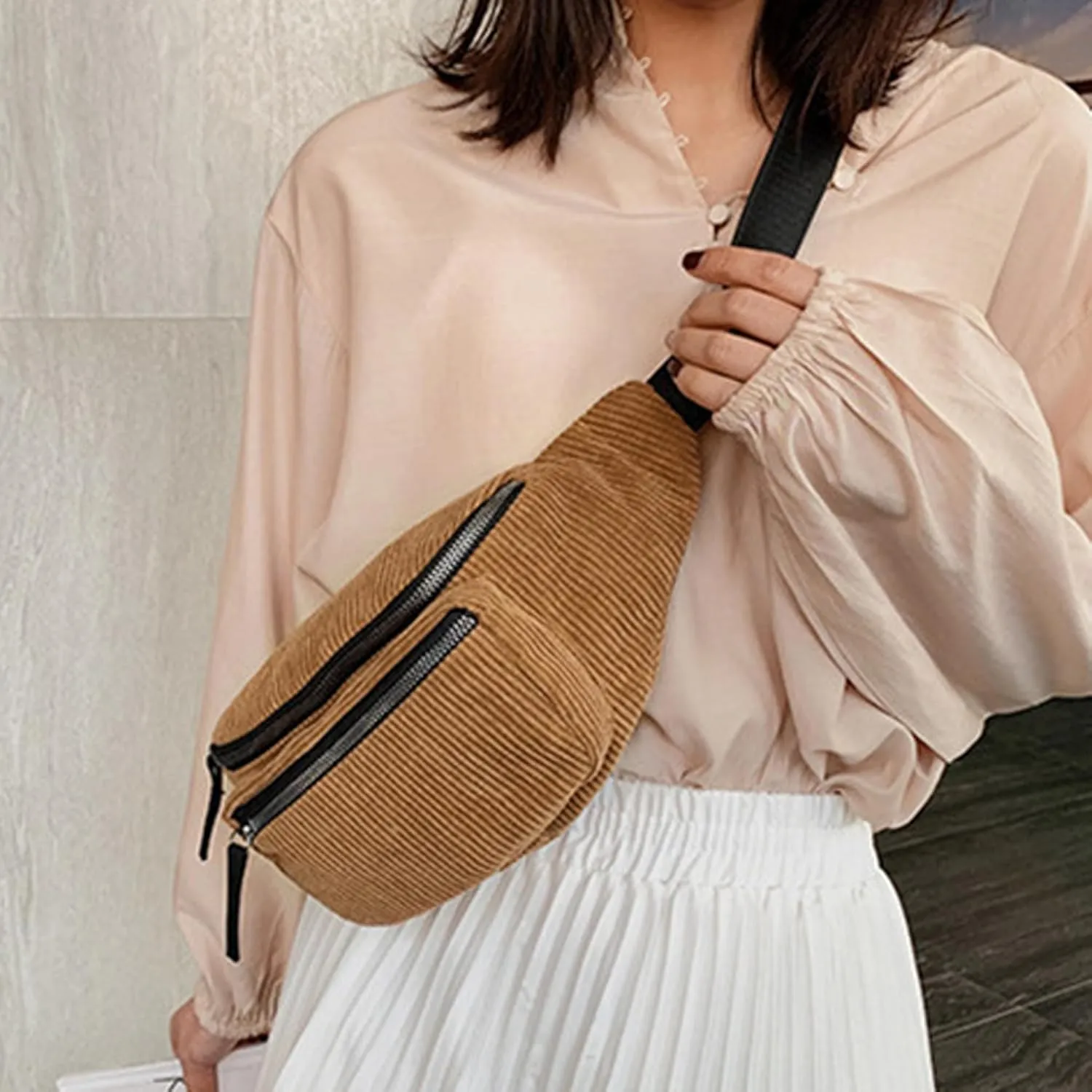 eYLun Women Fanny Pack Crossbody Bag Casual Corduroy Waist Bag Adjustable Chest Bag Waist Pack for Travel Walking Running Hiking Cycling Brown