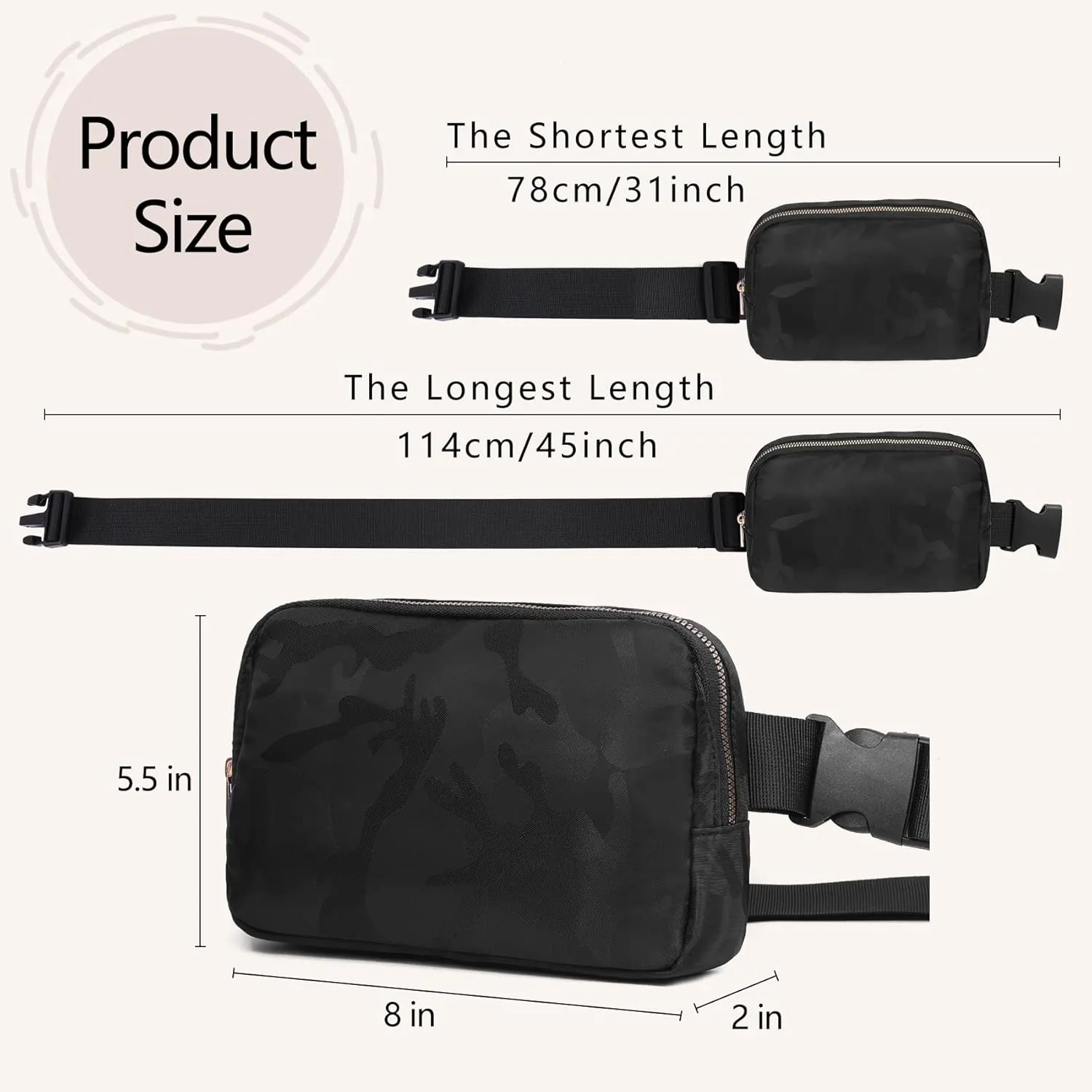 Fanny Pack Crossbody Bag for Women and Men, Belt Bag for Hiking Bum Bag with Adjustable Strap, Waist pack for Running Workout Sports Travel Black Camo Black