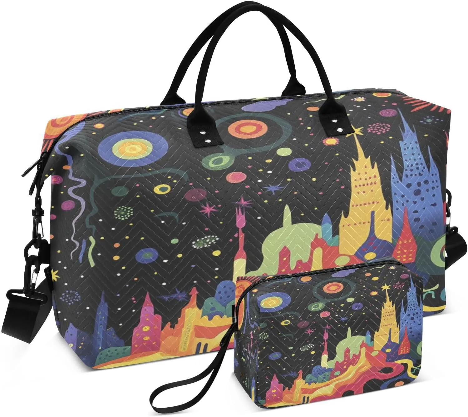 Fantasy Cityscape Starry Black Sports Gym Bag for Women Men Travel Duffel Bag Weekend Overnight Carry on Bag with Toiletry Bag Workout Dance Bag for Workout Swimming Yoga Plane Hospital