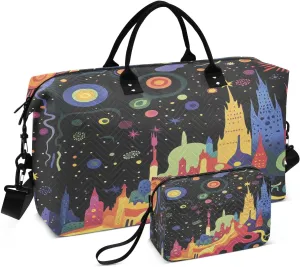 Fantasy Cityscape Starry Black Sports Gym Bag for Women Men Travel Duffel Bag Weekend Overnight Carry on Bag with Toiletry Bag Workout Dance Bag for Workout Swimming Yoga Plane Hospital