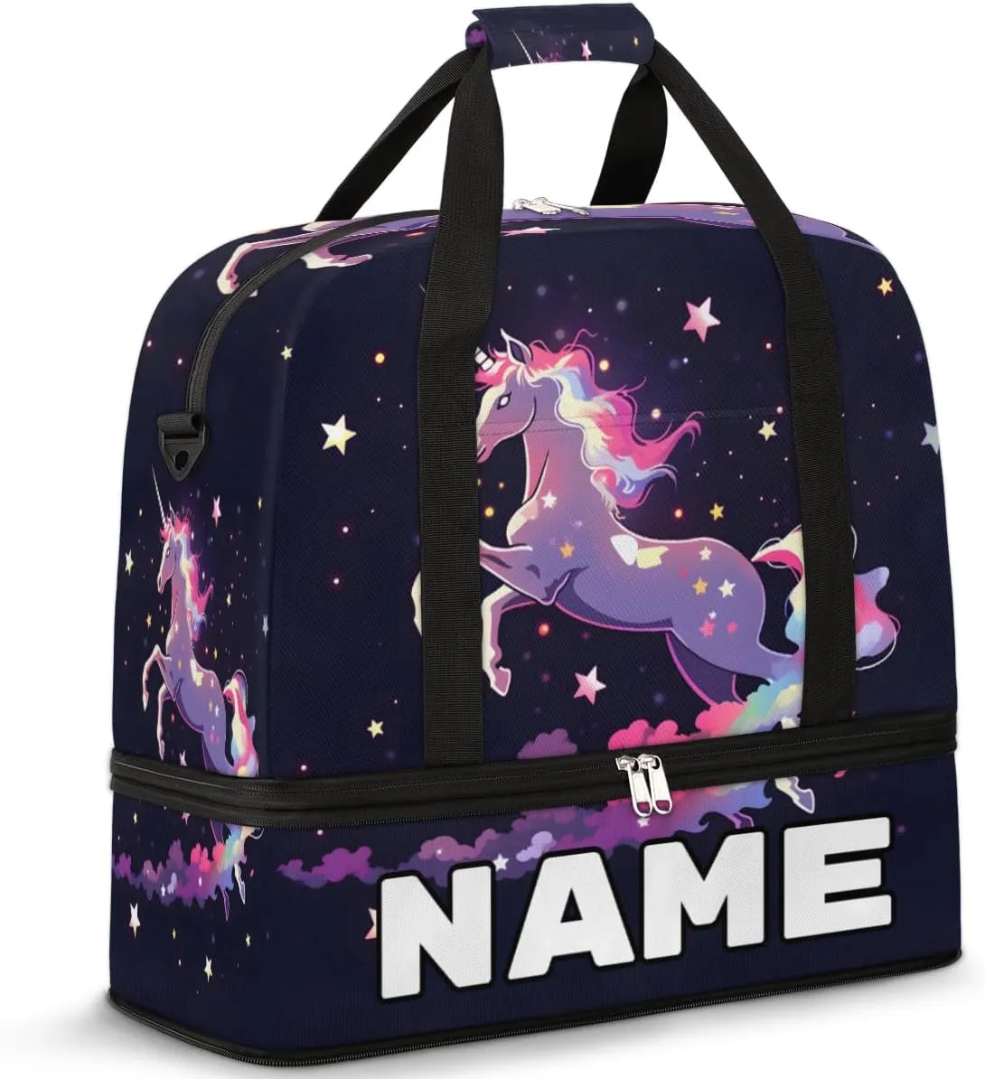 Fantasy Unicorn Custom Foldable Duffle Bag with Shoes Compartment Personalized Large Capacity Waterproof Travel Weekender Bag Overnight Bag for Sports Gym