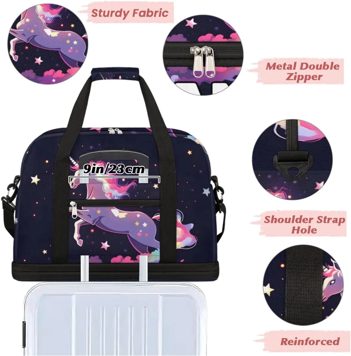 Fantasy Unicorn Custom Foldable Duffle Bag with Shoes Compartment Personalized Large Capacity Waterproof Travel Weekender Bag Overnight Bag for Sports Gym