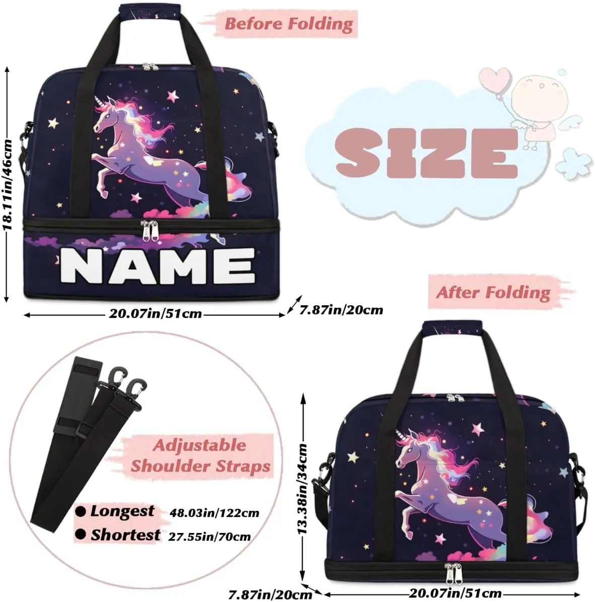 Fantasy Unicorn Custom Foldable Duffle Bag with Shoes Compartment Personalized Large Capacity Waterproof Travel Weekender Bag Overnight Bag for Sports Gym