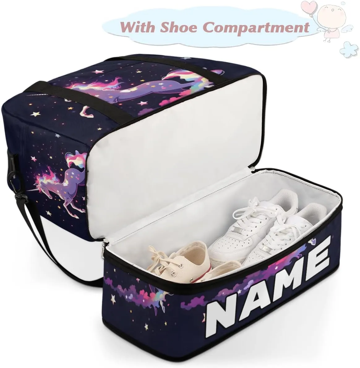 Fantasy Unicorn Custom Foldable Duffle Bag with Shoes Compartment Personalized Large Capacity Waterproof Travel Weekender Bag Overnight Bag for Sports Gym