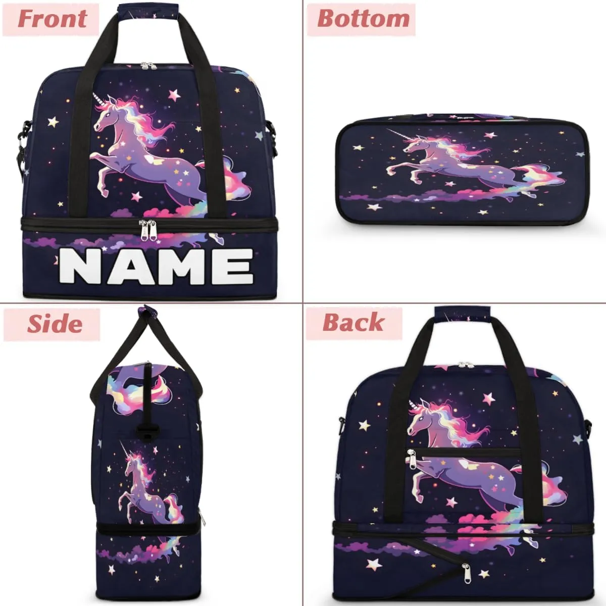 Fantasy Unicorn Custom Foldable Duffle Bag with Shoes Compartment Personalized Large Capacity Waterproof Travel Weekender Bag Overnight Bag for Sports Gym