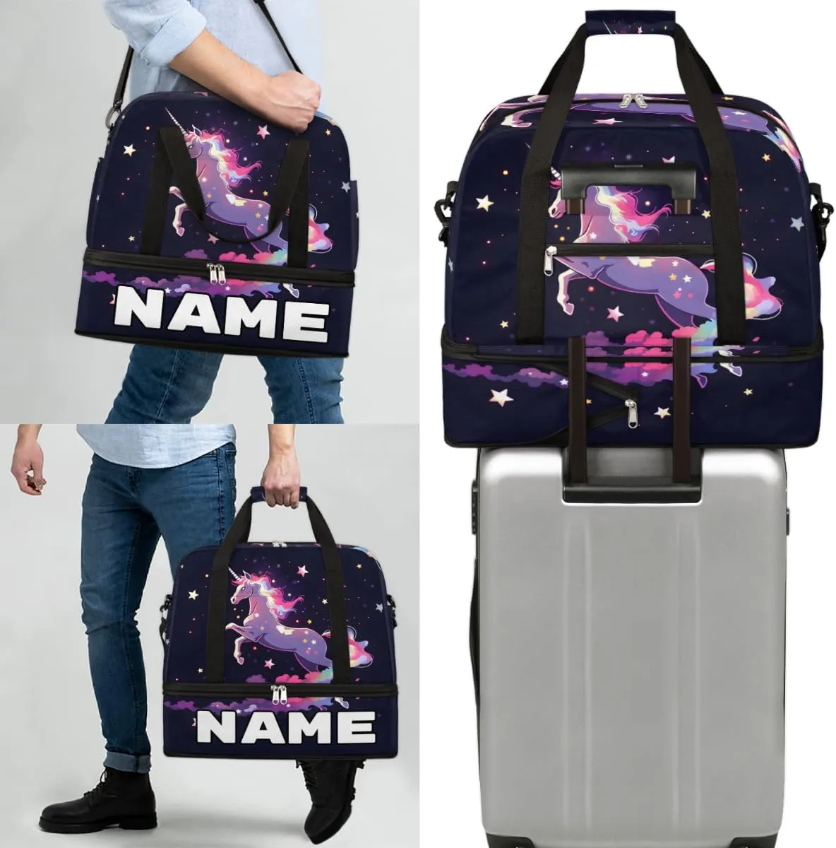 Fantasy Unicorn Custom Foldable Duffle Bag with Shoes Compartment Personalized Large Capacity Waterproof Travel Weekender Bag Overnight Bag for Sports Gym