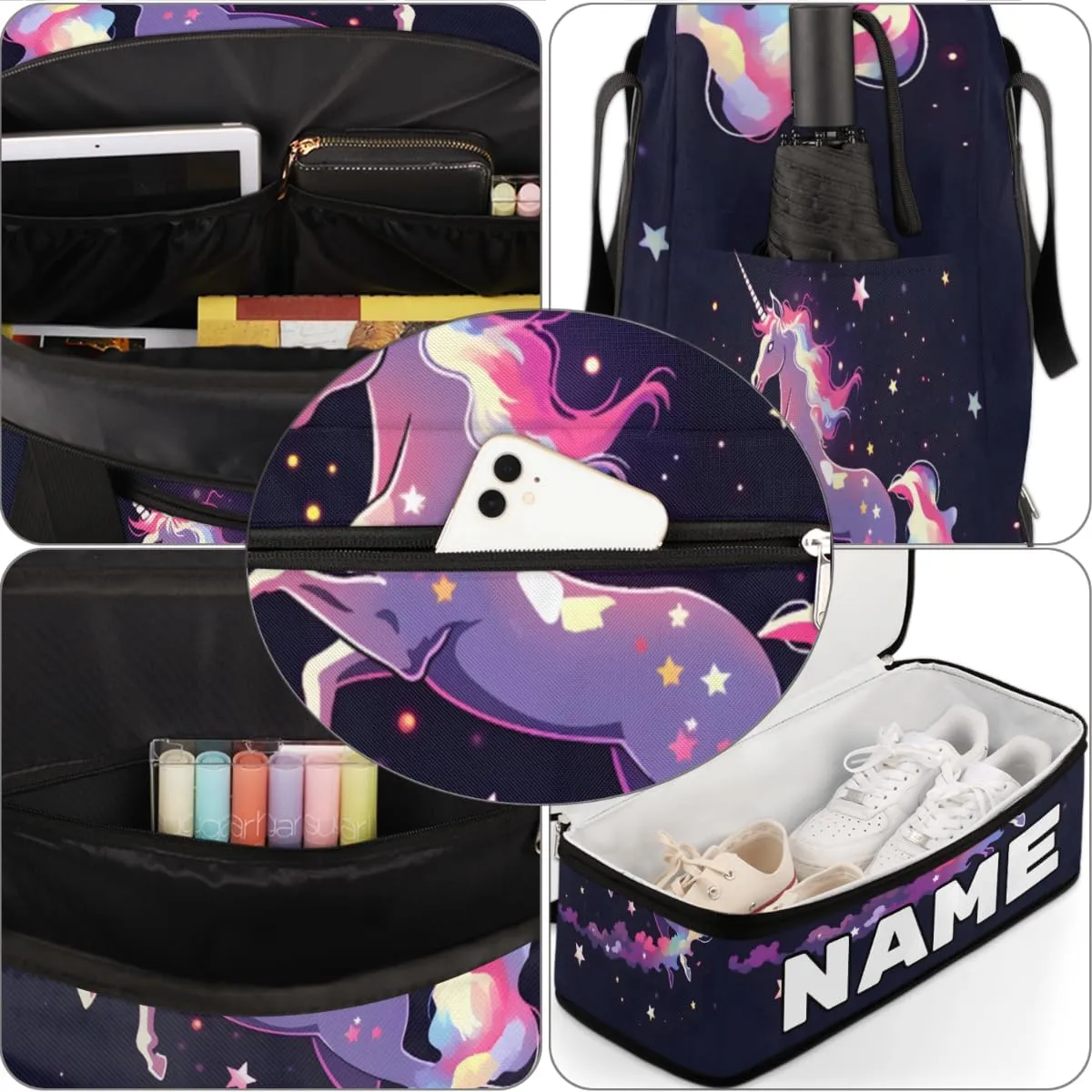 Fantasy Unicorn Custom Foldable Duffle Bag with Shoes Compartment Personalized Large Capacity Waterproof Travel Weekender Bag Overnight Bag for Sports Gym