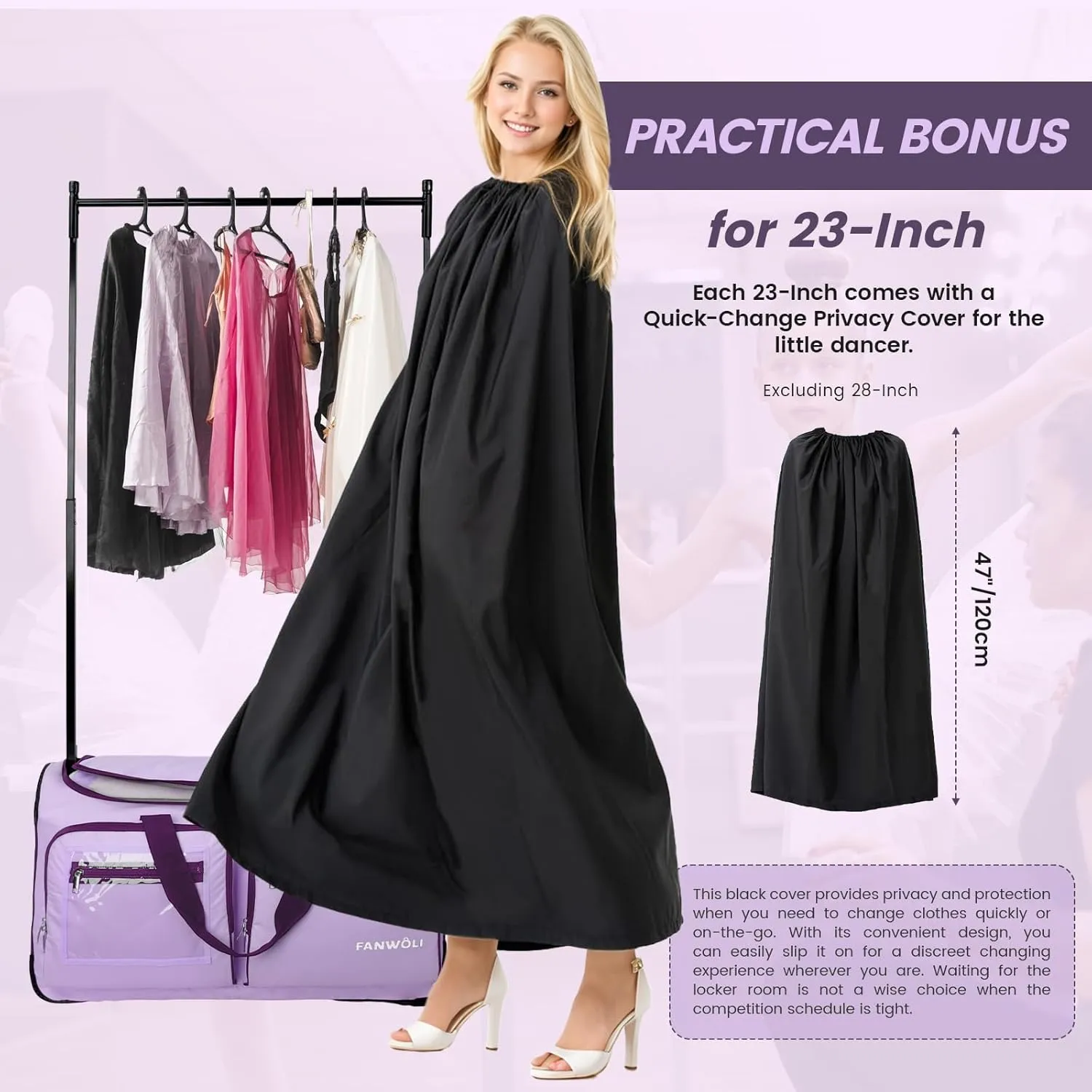 Fanwoli 23" Dance Bag with Garment Rack and Privacy Cover | Upgraded Stable System & Fabric | More Lightweight & Wear-Resistant | Ideal Competition Duffle Bag for Dancers Livestreamer Athletes