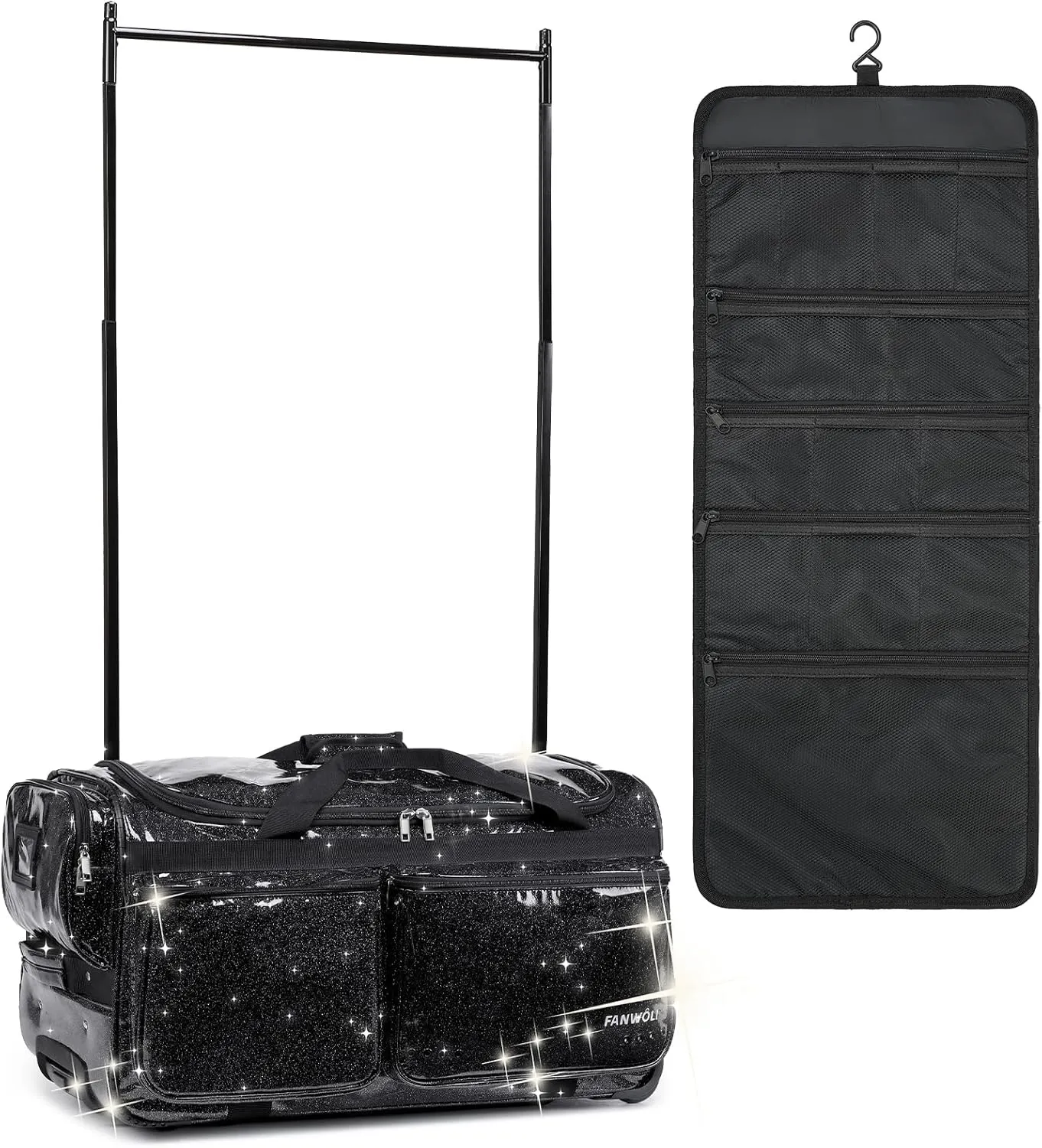 Fanwoli 23" Dance Bag with Garment Rack | Glittering Waterproof Fabric & Upgraded Stable System | Shine-Bright Collection | Ideal Competition Duffle Bag for Dancer Athlete Livestreamer