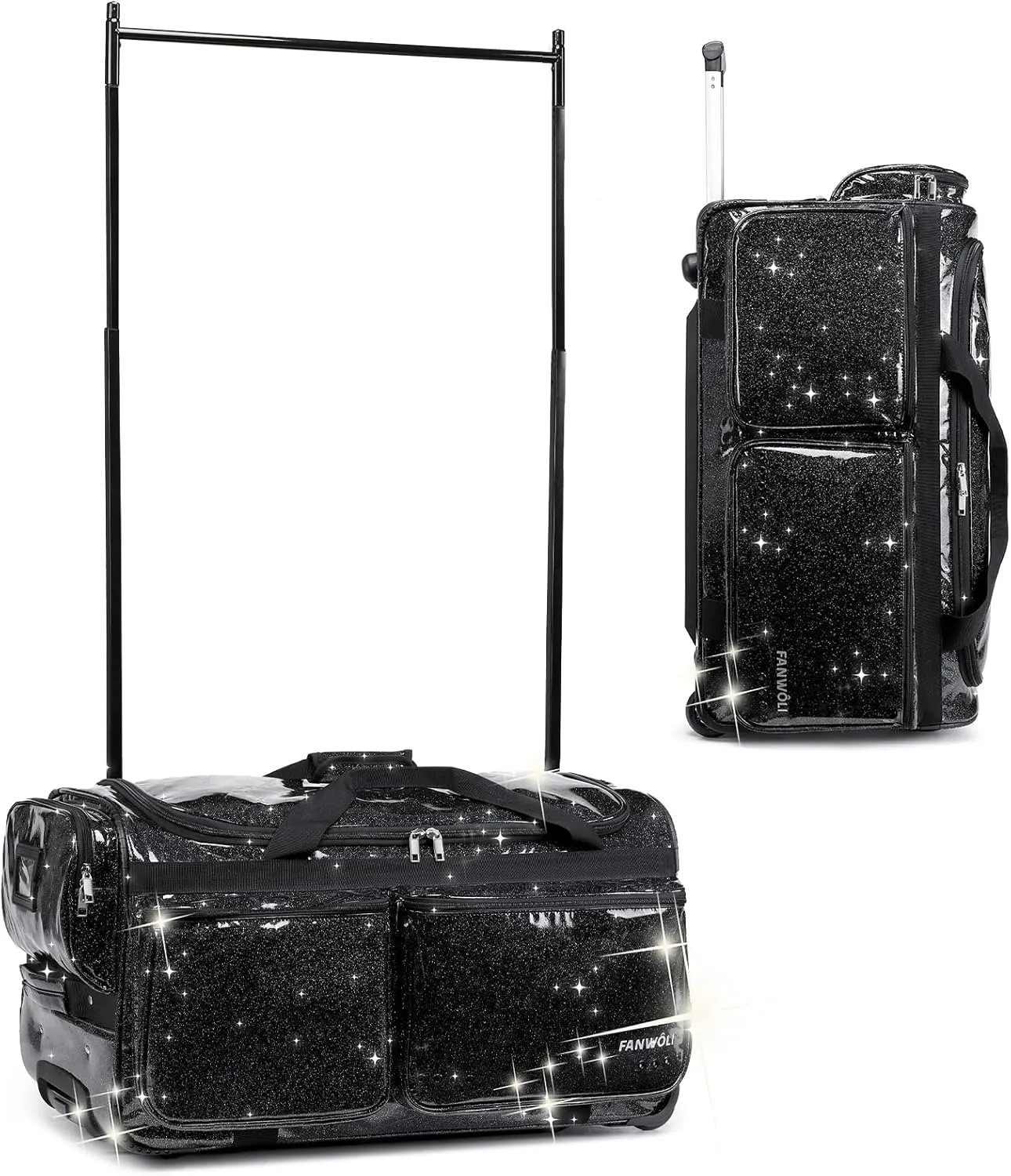 Fanwoli 28" Dance Bag with Garment Rack | Glittering Waterproof Fabric | Shine-Bright Collection | Ideal Competition Rolling Duffle Bag for Dancer