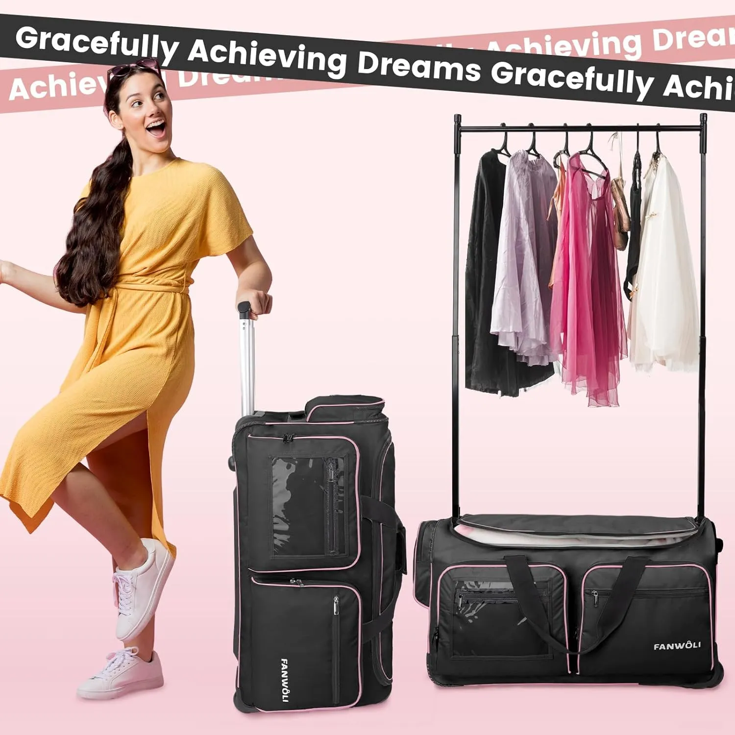 Fanwoli 28" Dance Bag with Garment Rack | Upgraded Stable System & Fabric | More Lightweight & Wear-Resistant | Ideal Competition Rolling Duffle Bag | Black/Pink Trim