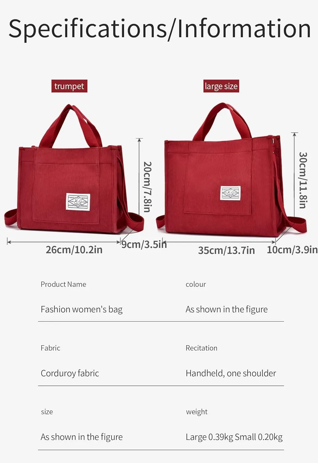 Fashion Corduroy Tote Handbag for Women - Stylish Hobo Bag