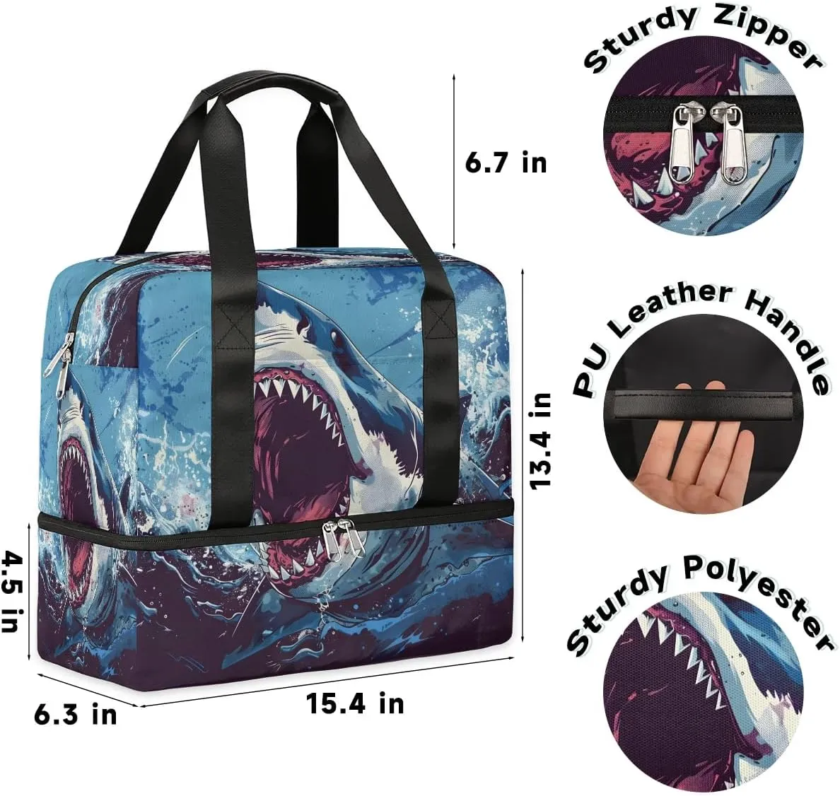 Fierce Shark Travel Duffel Bag Dry Wet Separated Sports Tote Travel Duffle Bag Gym Workout Bag Women Travel Duffel Bag for Women, Travel, Gym, Work