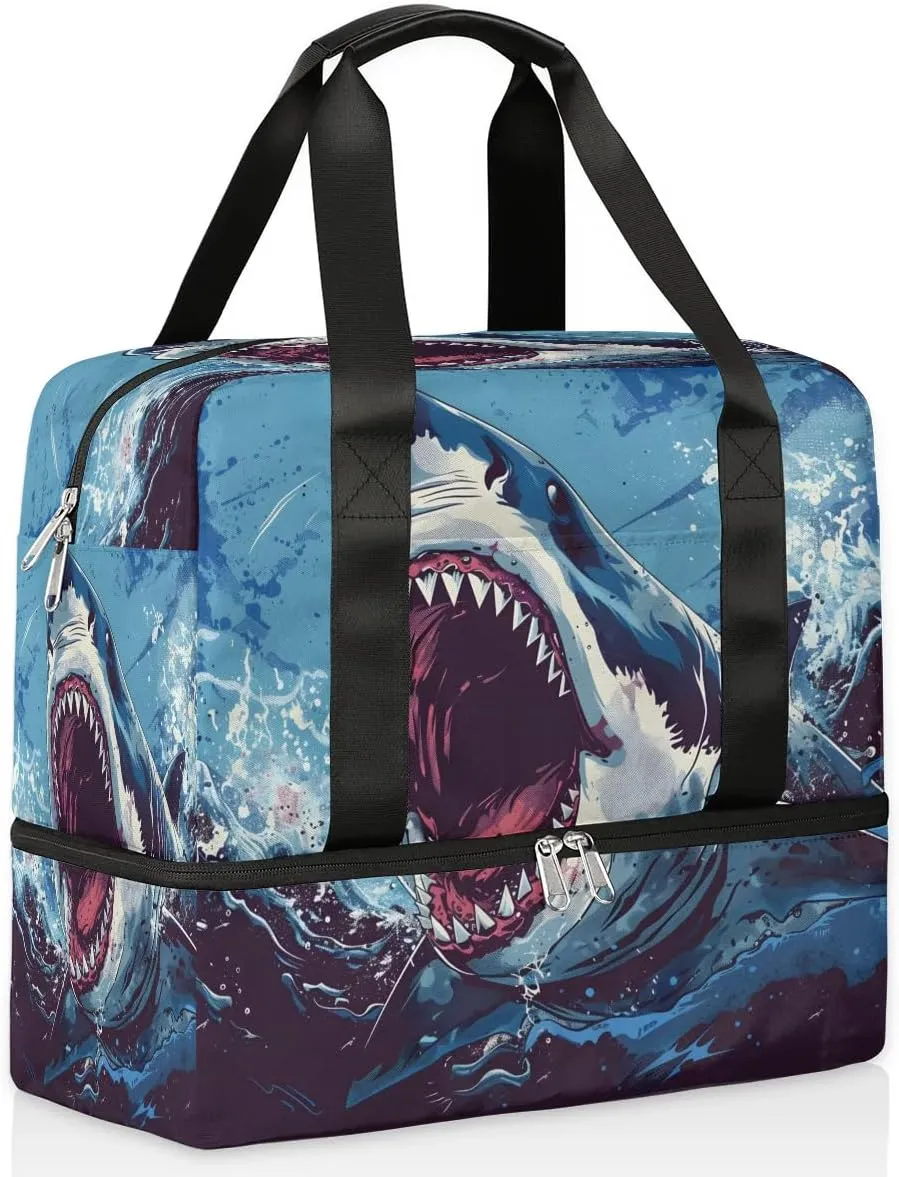 Fierce Shark Travel Duffel Bag Dry Wet Separated Sports Tote Travel Duffle Bag Gym Workout Bag Women Travel Duffel Bag for Women, Travel, Gym, Work