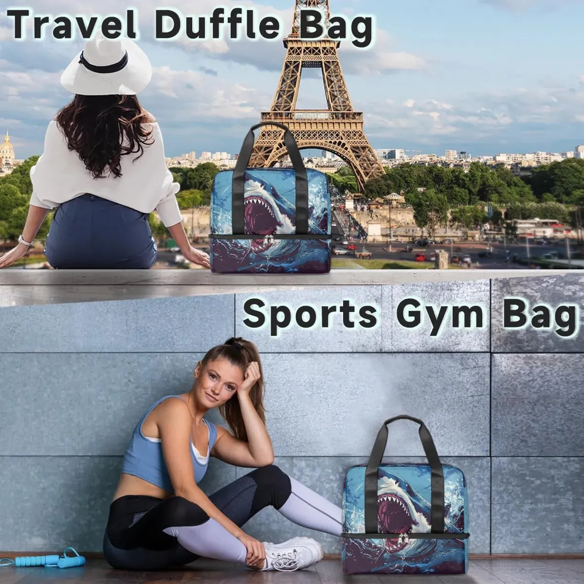 Fierce Shark Travel Duffel Bag Dry Wet Separated Sports Tote Travel Duffle Bag Gym Workout Bag Women Travel Duffel Bag for Women, Travel, Gym, Work