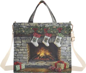 Fireplace Christmas Presents Tote Bag for Women Corduroy Crossbody Purse Handbag Shoulder Bag Nurse Bags for Woman Office