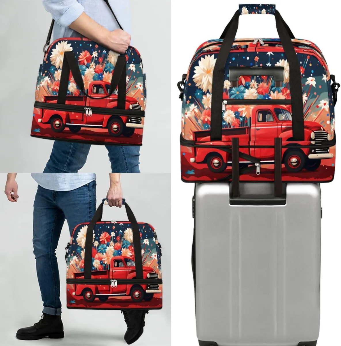Fireworks Red Truck Foldable Duffle Bag with Shoes Compartment Large Capacity Waterproof Travel Weekender Bag Overnight Bag for Sports Gym