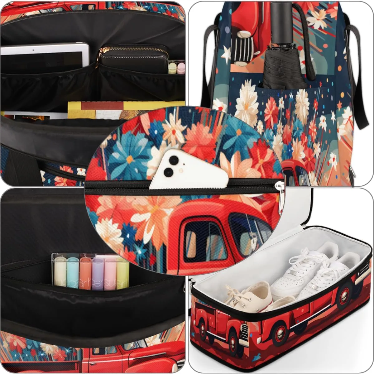 Fireworks Red Truck Foldable Duffle Bag with Shoes Compartment Large Capacity Waterproof Travel Weekender Bag Overnight Bag for Sports Gym