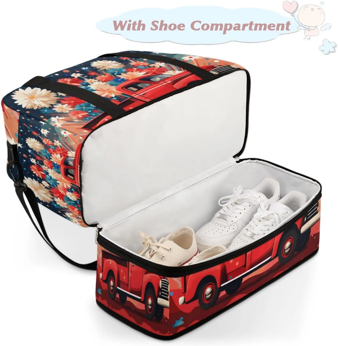 Fireworks Red Truck Foldable Duffle Bag with Shoes Compartment Large Capacity Waterproof Travel Weekender Bag Overnight Bag for Sports Gym