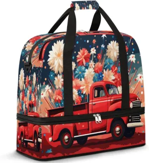 Fireworks Red Truck Foldable Duffle Bag with Shoes Compartment Large Capacity Waterproof Travel Weekender Bag Overnight Bag for Sports Gym