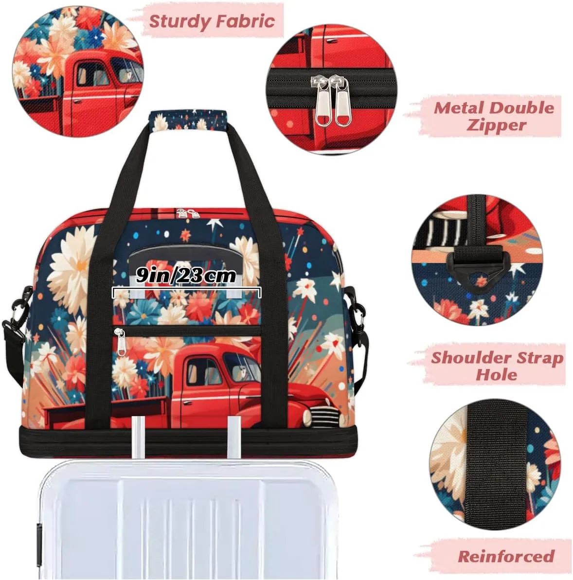 Fireworks Red Truck Foldable Duffle Bag with Shoes Compartment Large Capacity Waterproof Travel Weekender Bag Overnight Bag for Sports Gym