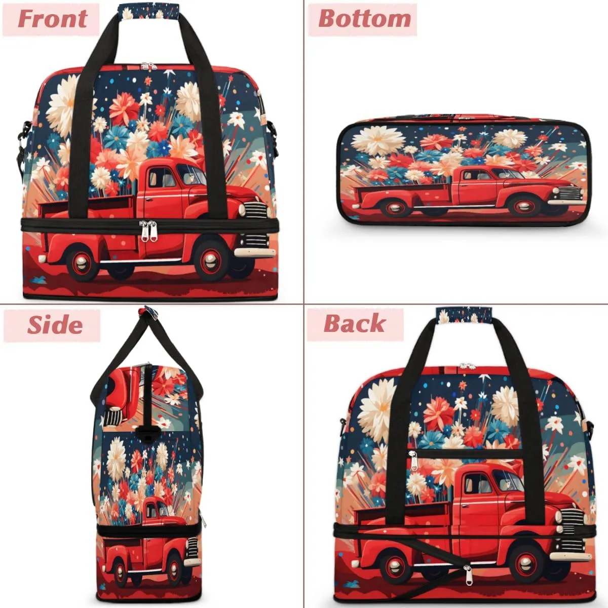 Fireworks Red Truck Foldable Duffle Bag with Shoes Compartment Large Capacity Waterproof Travel Weekender Bag Overnight Bag for Sports Gym