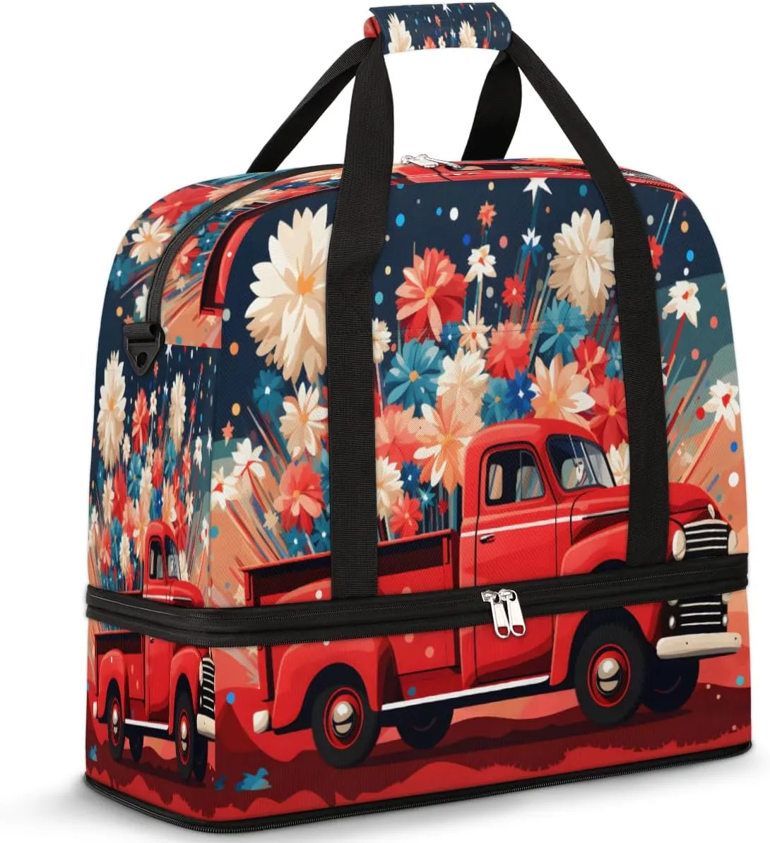 Fireworks Red Truck Foldable Duffle Bag with Shoes Compartment Large Capacity Waterproof Travel Weekender Bag Overnight Bag for Sports Gym