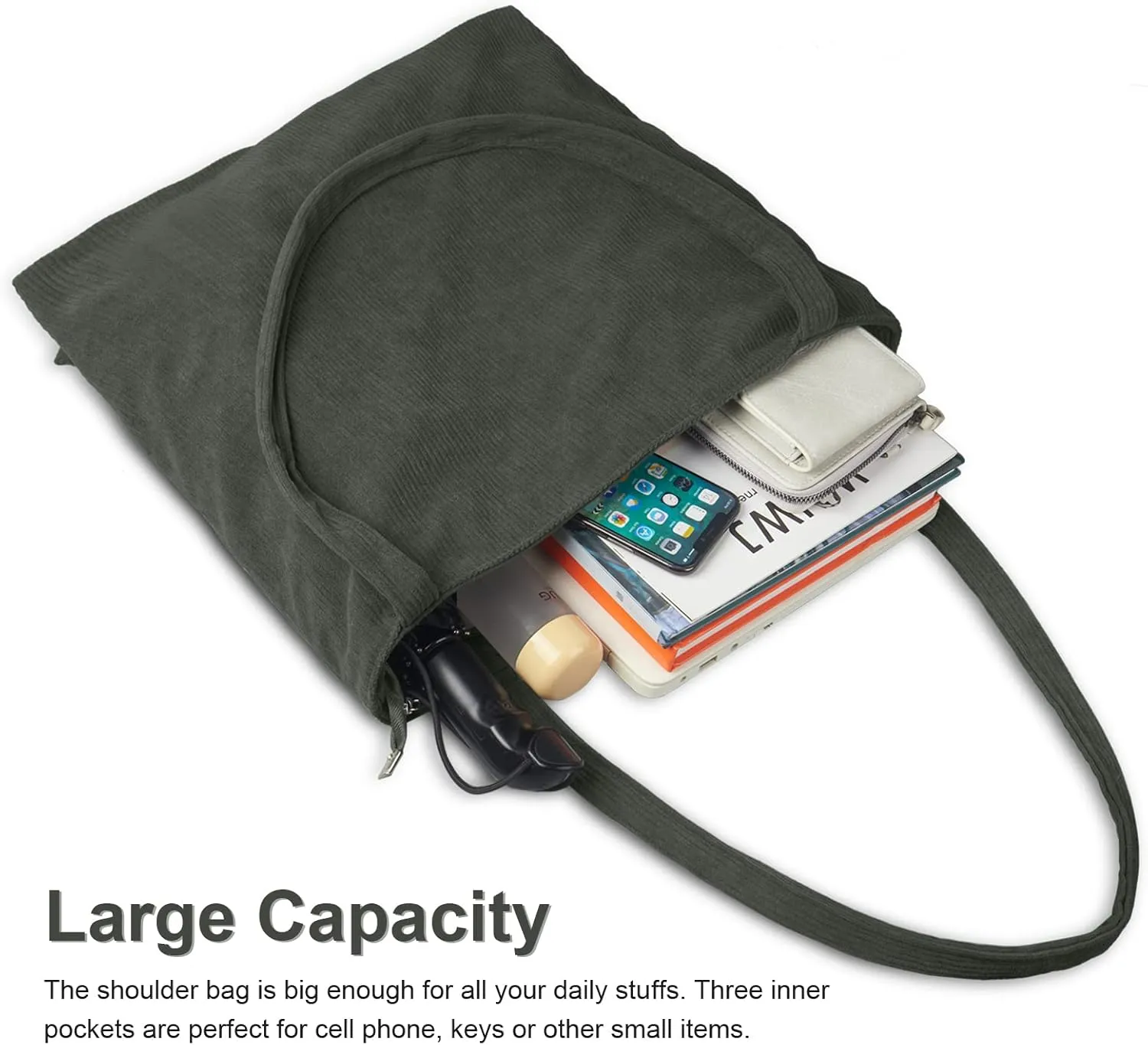 FITDON Corduroy Totes Bag with Zip, Shoulder Bags Handbags Women's Hobos Large Capacity Shopping Bag with Inner Pocket