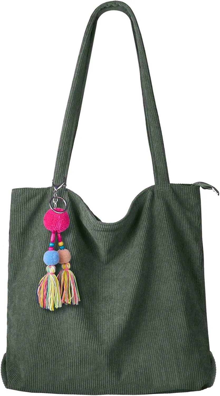 FITDON Corduroy Totes Bag with Zip, Shoulder Bags Handbags Women's Hobos Large Capacity Shopping Bag with Inner Pocket