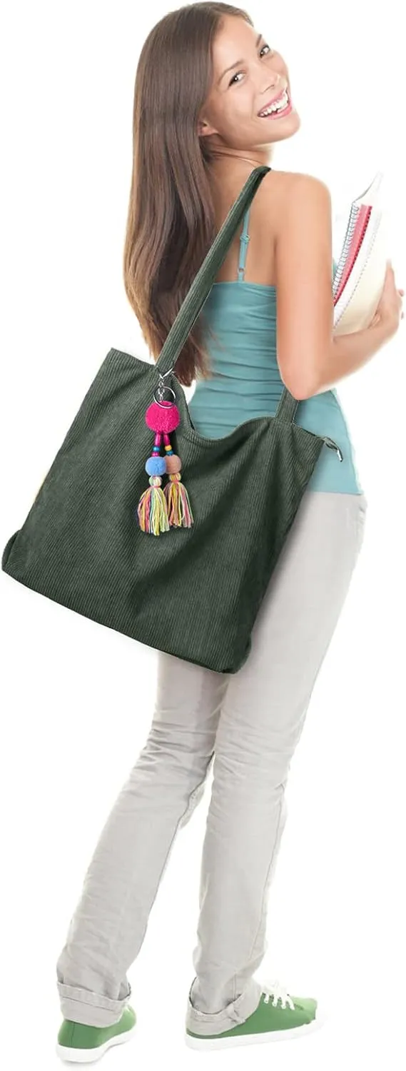 FITDON Corduroy Totes Bag with Zip, Shoulder Bags Handbags Women's Hobos Large Capacity Shopping Bag with Inner Pocket
