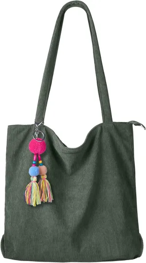 FITDON Corduroy Totes Bag with Zip, Shoulder Bags Handbags Women's Hobos Large Capacity Shopping Bag with Inner Pocket