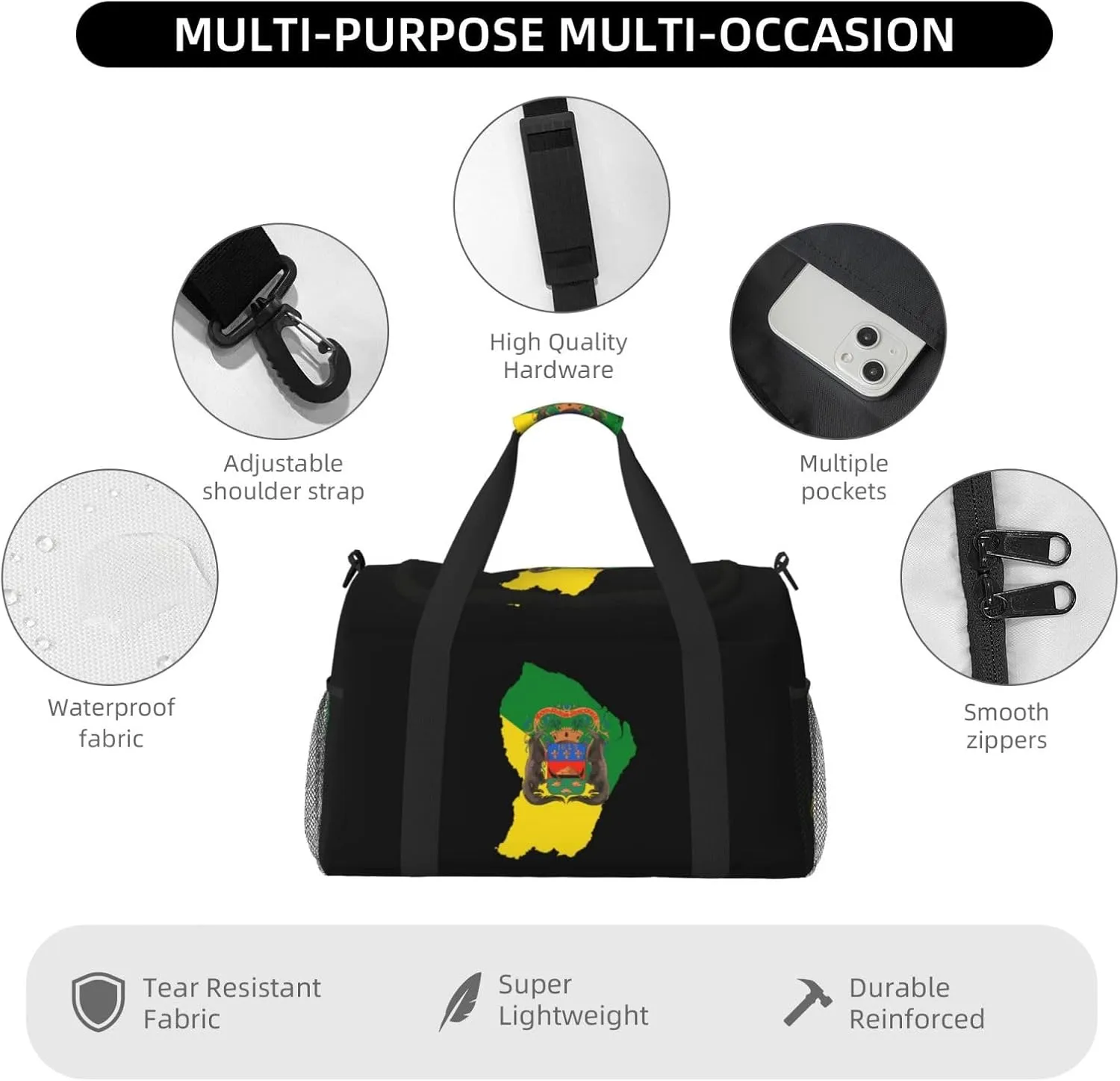 Flag Map Of Guiana Travel Duffel Bag Large Foldable Waterproof Overnight Bag For Beach Swim Bags Pool Sports Gym