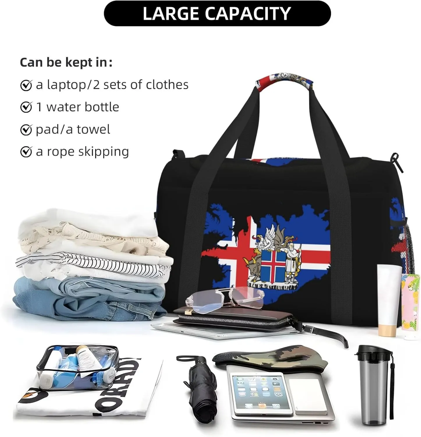 Flag Map Of Iceland Travel Duffel Bag Large Foldable Waterproof Overnight Bag For Beach Swim Bags Pool Sports Gym