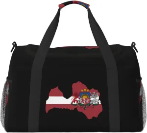 Flag Map Of Latvia Travel Duffel Bag Large Foldable Waterproof Overnight Bag For Beach Swim Bags Pool Sports Gym