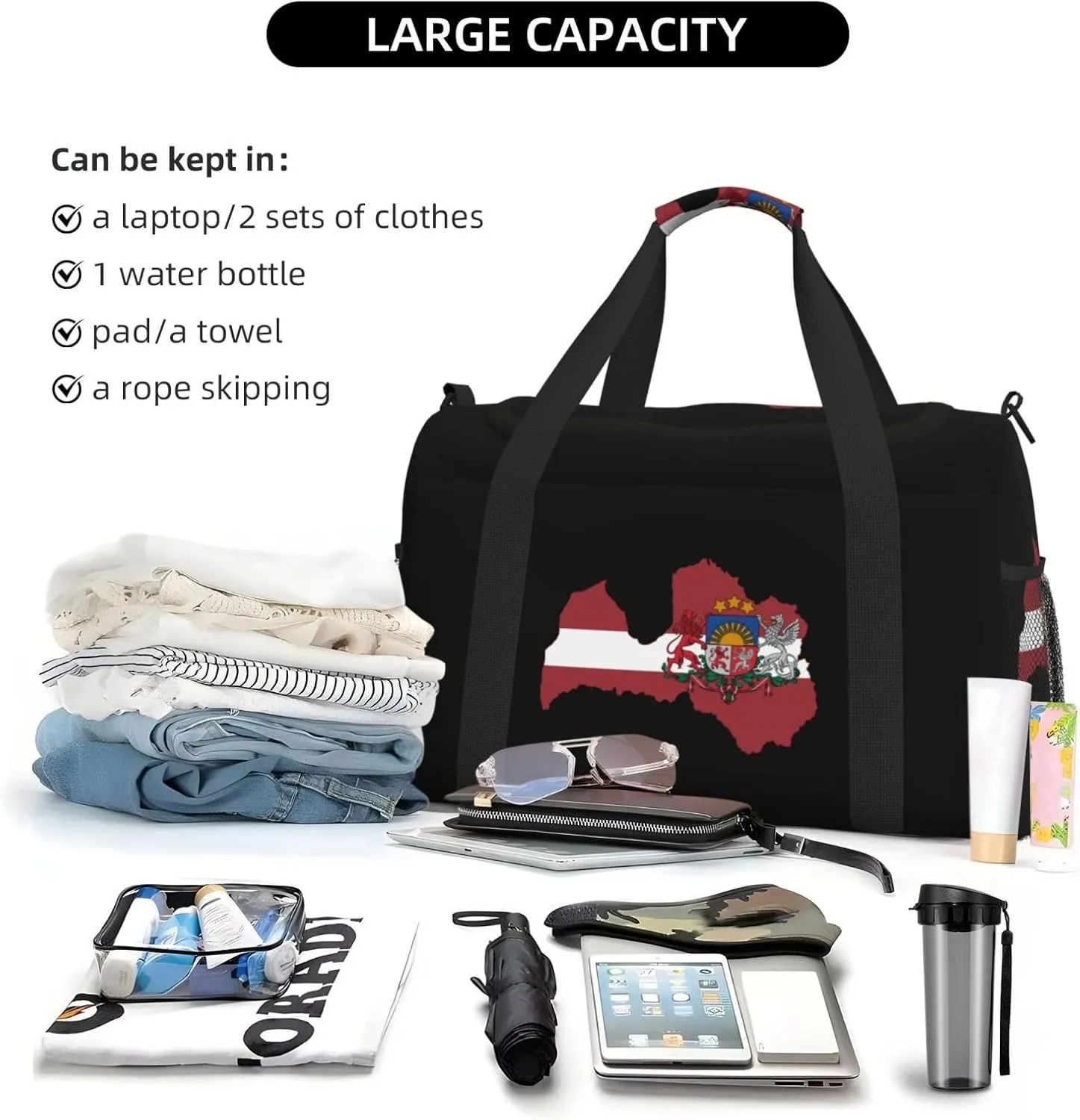 Flag Map Of Latvia Travel Duffel Bag Large Foldable Waterproof Overnight Bag For Beach Swim Bags Pool Sports Gym
